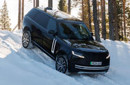 Range Rover Electric 2025 winter testing front quarter slope downhill Range Rover Electric 2025 winter testing front quarter slope downhill