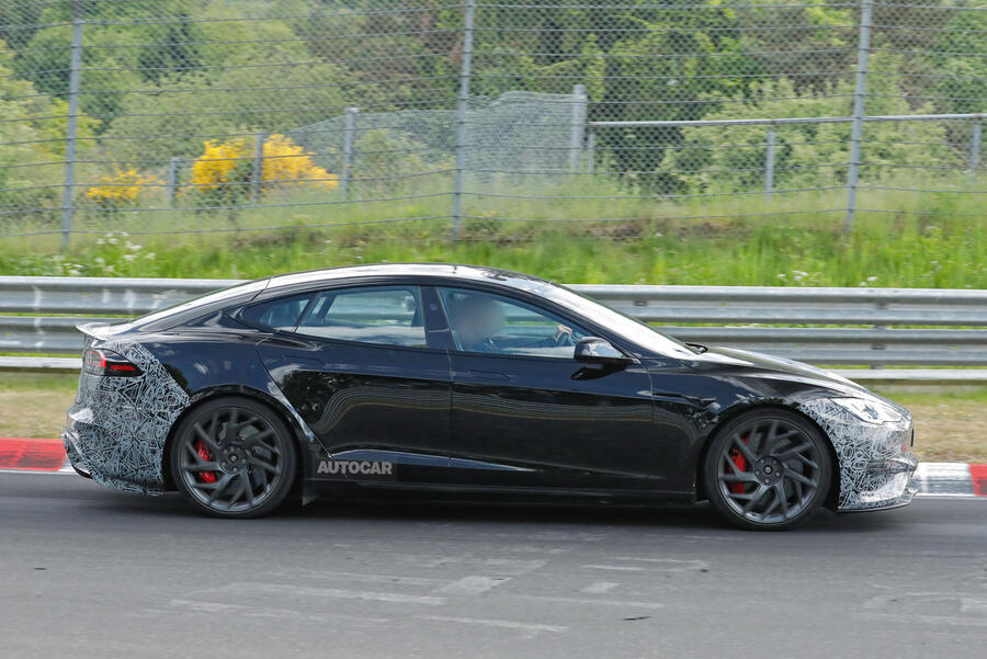 Tesla Model S Plaid prototype driving on the Nürburgring – side
