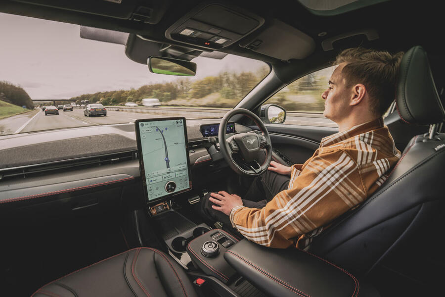 Felix Page'driving' a Ford Mustang Mach-E with BlueCruise enabled