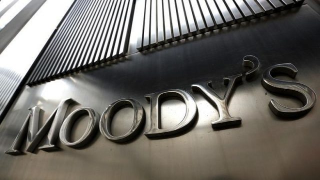 A Moody's sign is displayed on 7 World Trade Center, the company's corporate headquarters in New York