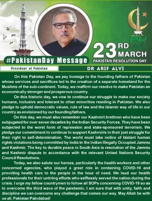 On Pakistan Day, President Alvi calls for efforts to build democratic, inclusive society