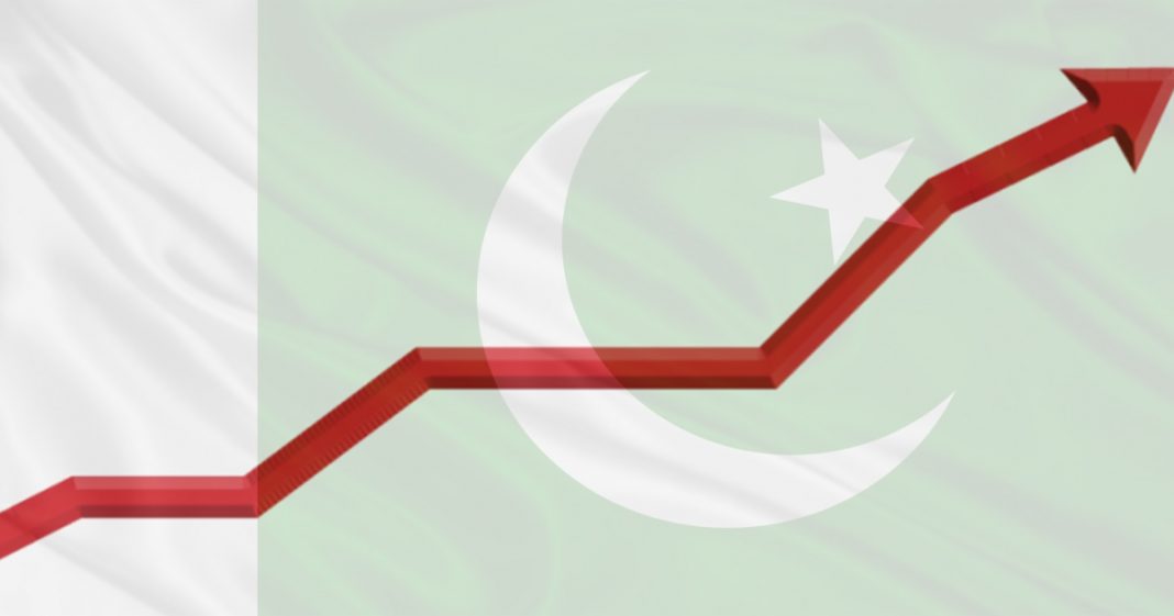 Graph going up with Pakistan's flag in background