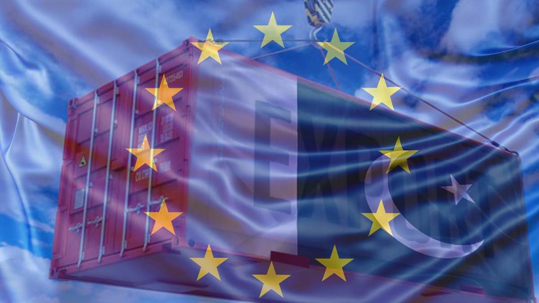 Exports written on a container with EU and Pakistan Flag