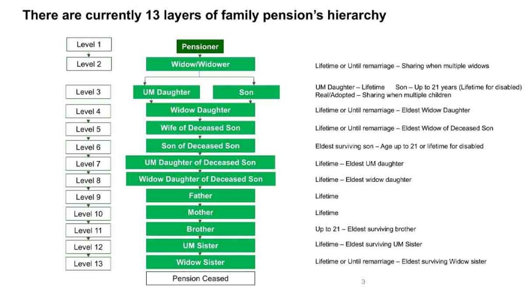 Layers of pension receivers pre-reform (shows a dropdown tree diagram)