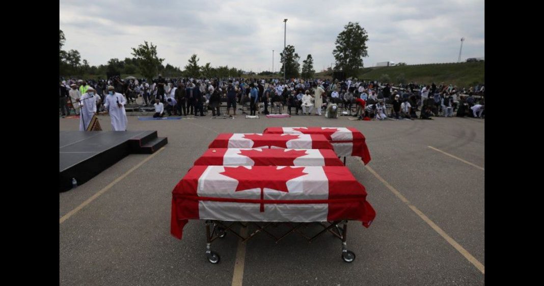 Muslim victims of truck attack given farewell with coffins draped in Canadian flags