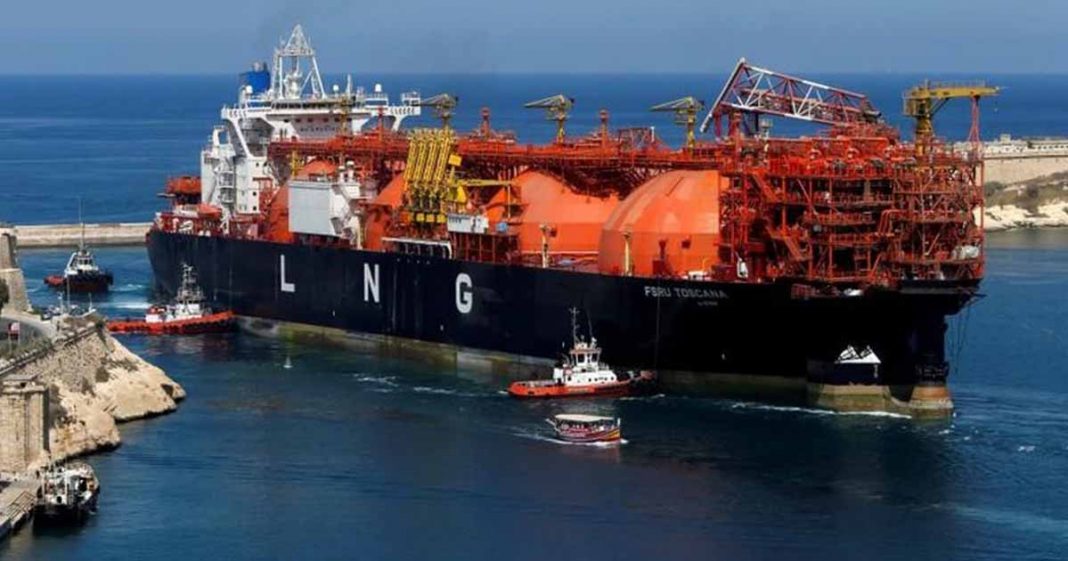 Pakistan LNG (Shows an LNG ship docked at a port with orange container on top)