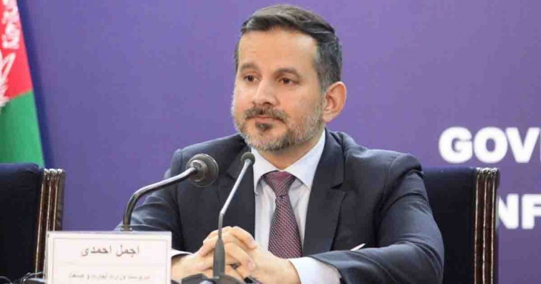 Shows Afghanistan Central Bank Governor Ajmal Ahmedy talking to a press conference