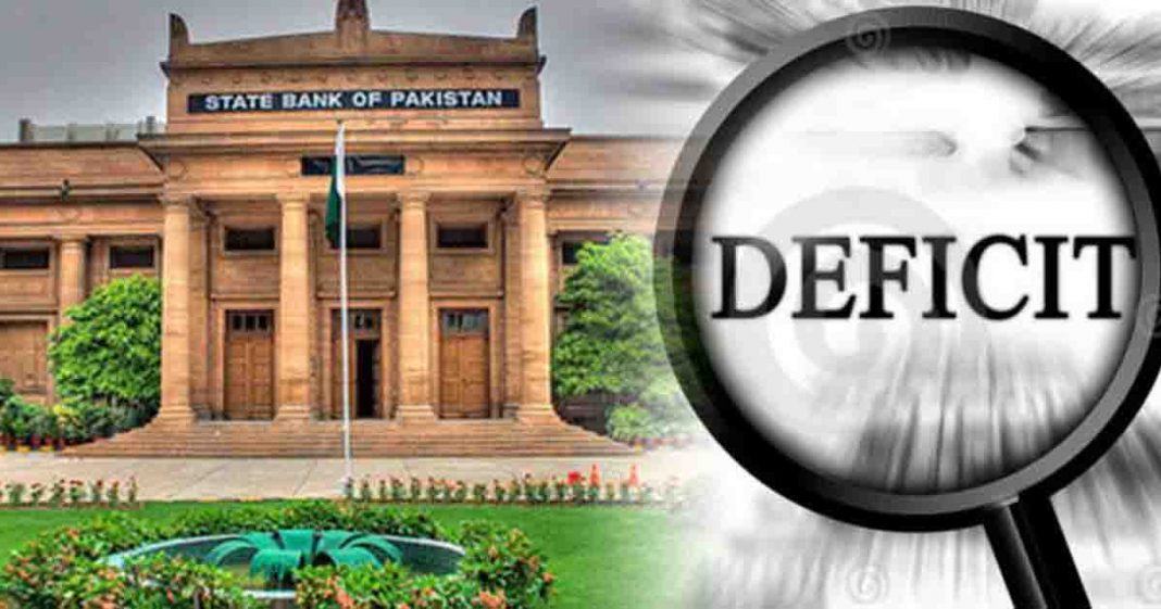 Current Account Deficit for July 2021, Shows State Bank Building with Deficit written under a magnifying glass