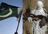Shows Pakistan flag and a man covered in white clothes and with a gun