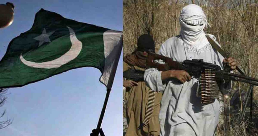 Shows Pakistan flag and a man covered in white clothes and with a gun