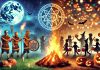 A fusion concept image depicting the blend of ancient and modern Halloween traditions. On the left side, ancient Celts are seen lighting bonfires and wearing costumes made of animal skins. On the right side, modern children dressed in Halloween costumes are shown trick-or-treating. In the center, the two scenes merge, with the fire from the Samhain ritual blending into the glow of jack-o-lanterns, symbolizing the evolution of Halloween from mystical, ancient customs to modern festive celebrations.