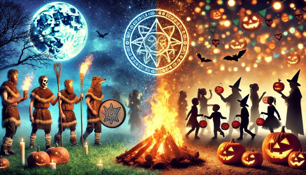 A fusion concept image depicting the blend of ancient and modern Halloween traditions. On the left side, ancient Celts are seen lighting bonfires and wearing costumes made of animal skins. On the right side, modern children dressed in Halloween costumes are shown trick-or-treating. In the center, the two scenes merge, with the fire from the Samhain ritual blending into the glow of jack-o-lanterns, symbolizing the evolution of Halloween from mystical, ancient customs to modern festive celebrations.