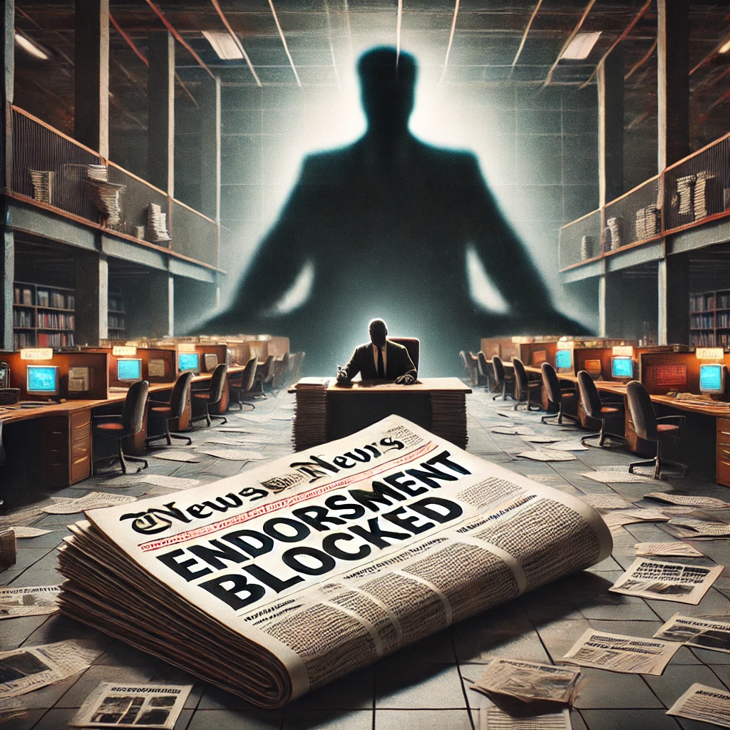 An abstract representation of media ownership and corporate influence. A large shadowy figure looms in the background symbolizing corporate control. In the foreground, a newspaper with the headline ‘Endorsement Blocked’ sits on a desk, surrounded by scattered documents. The newsroom is divided, with one side brightly lit and active while the other is shadowed and tense, symbolizing internal conflict and debate.