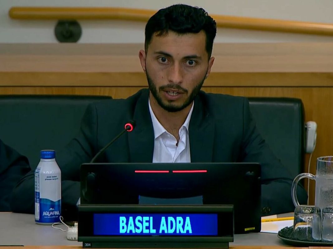 Oscar-winning Palestinian director Basel Adra speaks at UN