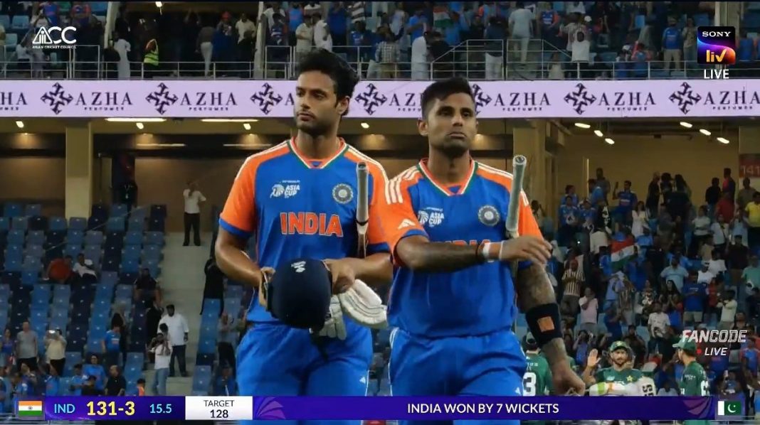 customary post-match handshakes with Pakistan